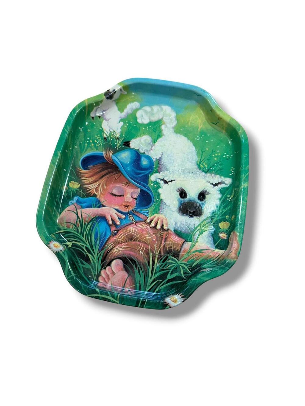 Vintage Metal Sleeping Boy and Cat Tray